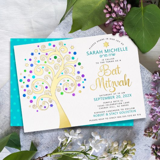 Bat Mitzvah Turquoise Tree o Life Script Real Gold Folieneinladung