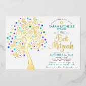 Bat Mitzvah Turquoise Tree o Life Script Real Gold Folieneinladung (Vorderseite)