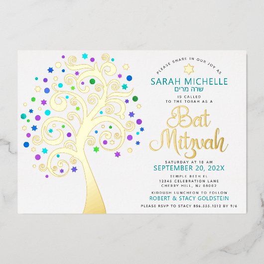 Bat Mitzvah Turquoise Tree o Life Script Real Gold Folieneinladung (Vorderseite)