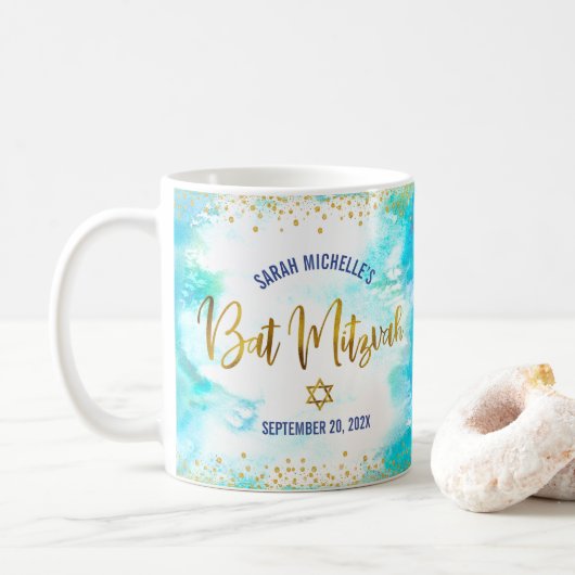 Bat Mitzvah Turquoise Watercolor Gold Script Bold Kaffeetasse (Mit Donut)