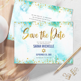 Bat Mitzvah Turquoise Watercolor Gold Script Girl Save The Date