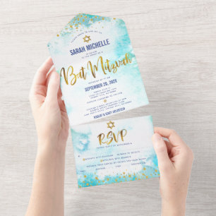 Bat Mitzvah Turquoise Watercolor Gold Script Party All In One Einladung