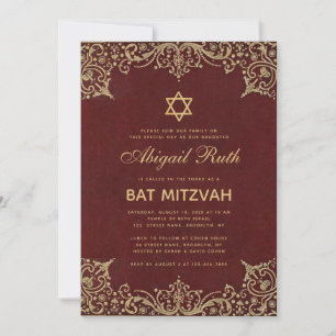 Bat Mitzvah Vintag Elegant Burgundy Red Gold Star Einladung