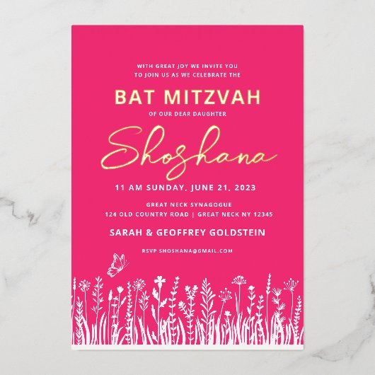 Bat Mitzvah Wasserfarbe Einladung mit echtem GOLD (Vorderseite)