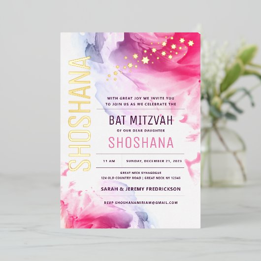 Bat Mitzvah Wasserfarbe Einladung mit echtem GOLD (Stehend vorne)