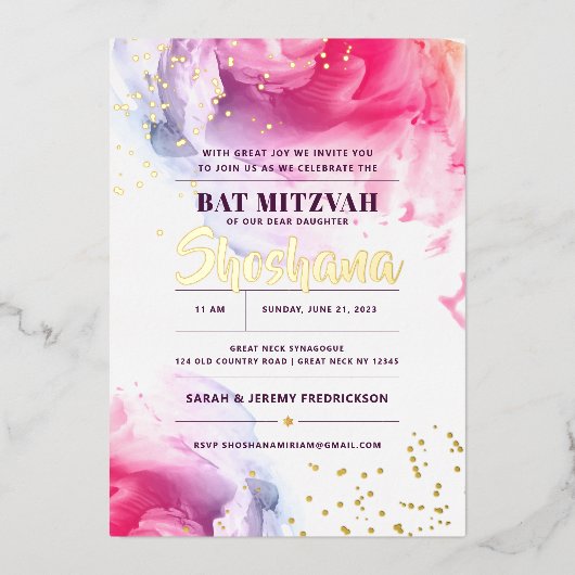 Bat Mitzvah Wasserfarbe Glitzer Einladung REAL (Vorderseite)
