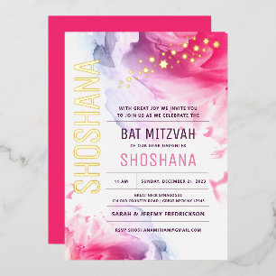Bat Mitzvah-Wasserfarben-Einladung mit ECHTEM GOLD Folieneinladung