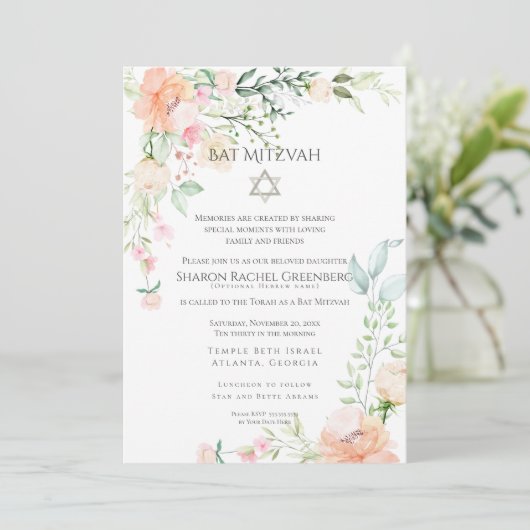 BAT MITZVAH | Wasserfarbene Frühlingsblüten Vers. Einladung (Stehend Vorderseite)