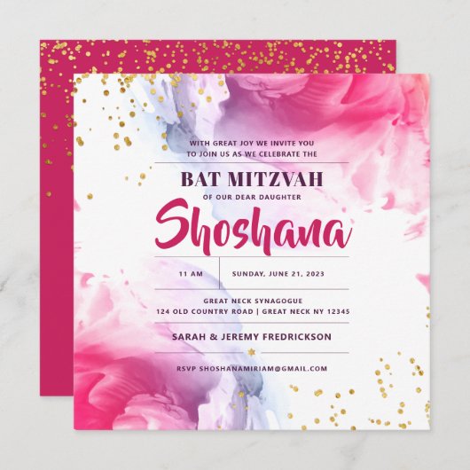 Bat Mitzvah Watercolor Glitzer Einladung (Vorne/Hinten)