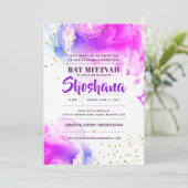 Bat Mitzvah Watercolor Glitzer Einladung (Stehend Vorderseite)
