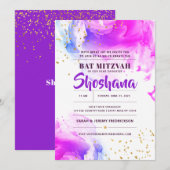 Bat Mitzvah Watercolor Glitzer Einladung (Vorne/Hinten)