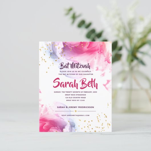 Bat Mitzvah Watercolor Glitzer Einladung (Stehend Vorderseite)