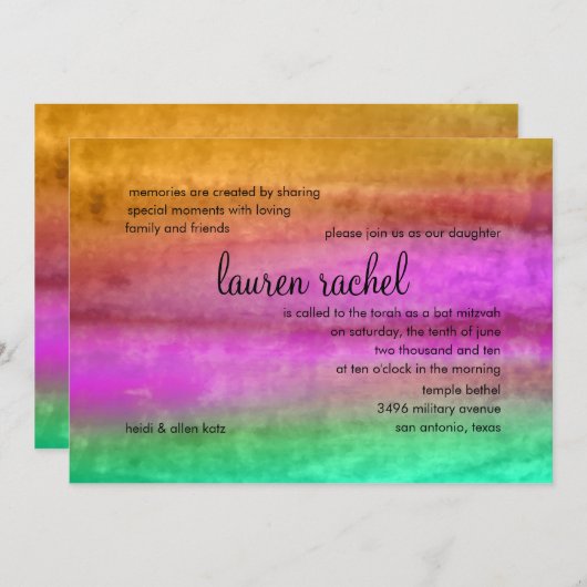 Bat Mitzvah Watercolor Streaks Einladung (Vorne/Hinten)