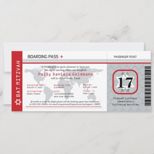 Bat Mitzvah World Traveler Boarding Pass Einladung (Vorderseite)