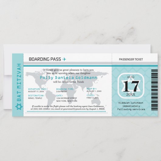 Bat Mitzvah World Traveler Boarding Pass Einladung (Vorderseite)