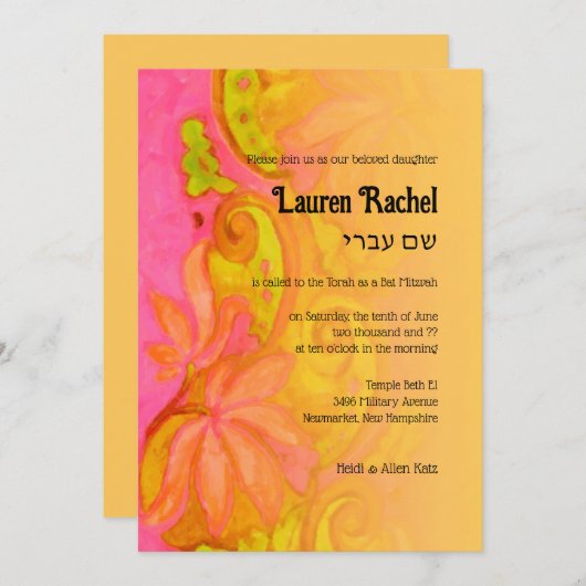 Bat Mitzvah Yellow Orange Pink Bohemisch Floral Einladung (Vorne/Hinten)