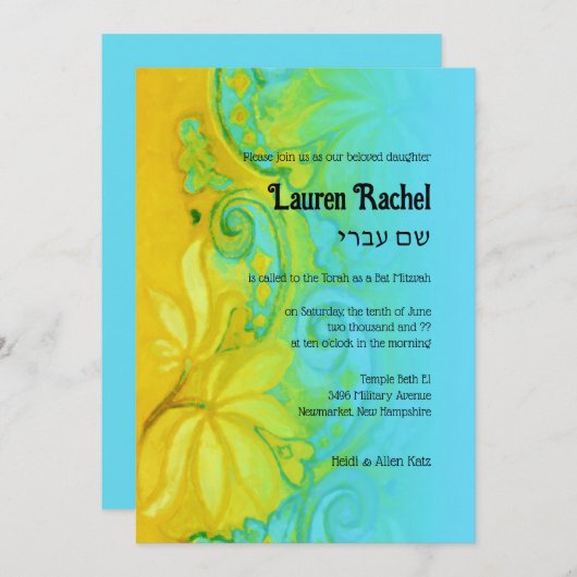 Bat Mitzvah Yellow Turquoise Blue Bohemisch Floral Einladung (Vorne/Hinten)
