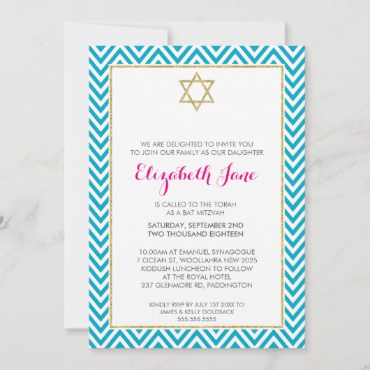 BAT MITZVAH Zickzack Muster Goldglitterie aqua Einladung (Vorderseite)