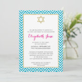 BAT MITZVAH Zickzack Muster Goldglitterie aqua Einladung (Stehend Vorderseite)