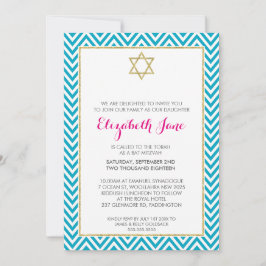 BAT MITZVAH Zickzack Muster Goldglitterie aqua Einladung