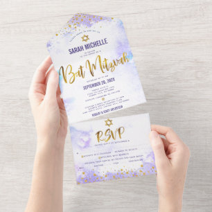 Bat Mitzwa lila Wasserfarbe Goldschrift Party All In One Einladung