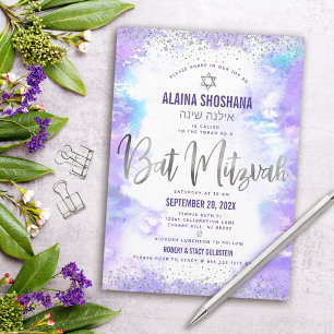 Bat Mitzwa lila Wasserfarbe Silberfolie Schrift Einladung