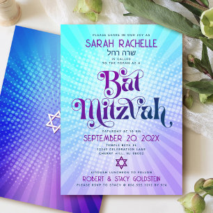 Bat Mitzwa Retro Boho Blau Lila Farbverlauf Bold Einladung