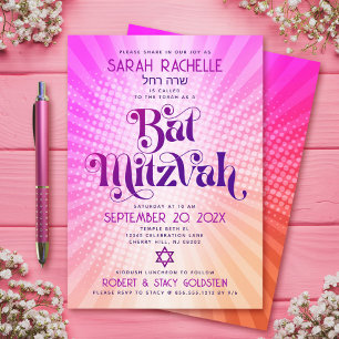 Bat Mitzwa Retro Boho Rosa Orange Farbverlauf Bold Einladung