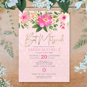 Bat Mitzwa Rosa Wasserfarbe Floral Moderne Schrift Einladung