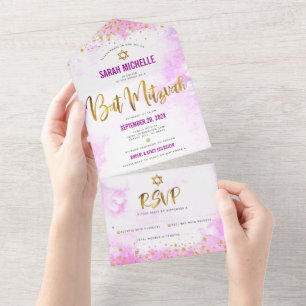 Bat Mitzwa rosa Wasserfarbe Gold Schrift modern All In One Einladung