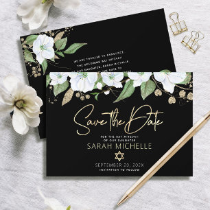 Bat Mizwa Schwarz Gold Schrift Wasserfarbe Floral Save The Date