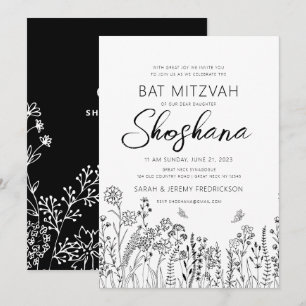 Bat Mizwa Stilvolles Skript Florale Skizze Einladung