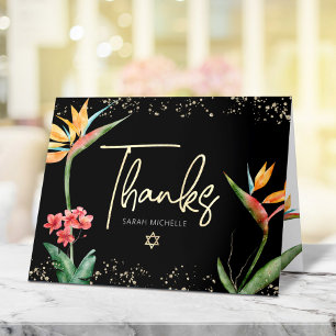 Bat Mizwa Tropische Blumen Wasserfarbe Schwarz Gol Dankeskarte