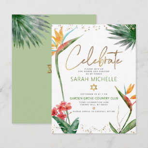 Bat Mizwa Tropisches Gold Schrift Floral Wasserfar Begleitkarte