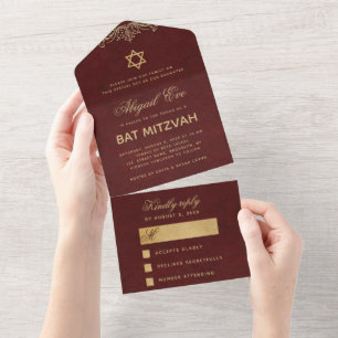 Bat Mizwa Vintage Elegant Burgunder Gold Schriftzu All In One Einladung