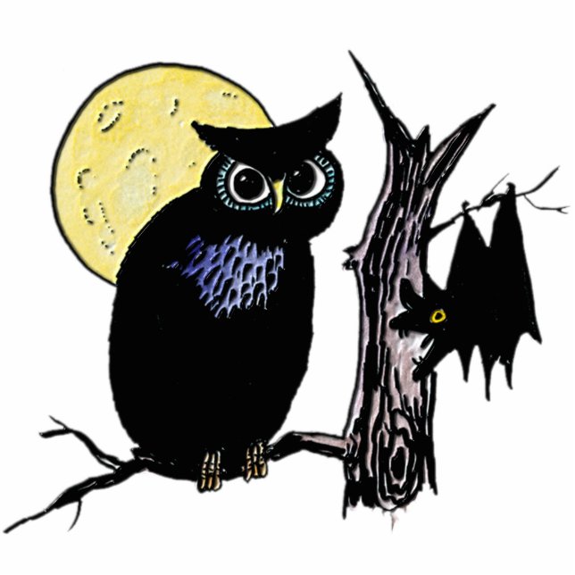 Bat Moon und Owl zu Halloween Freistehende Fotoskulptur (Vorne)