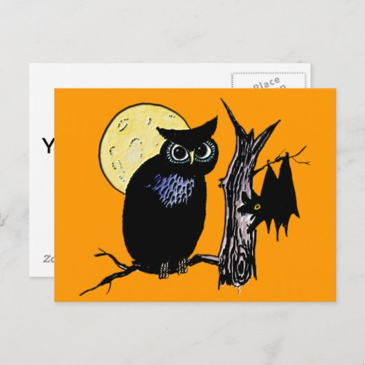 Bat Moon und Owl zu Halloween Postkarte (Vorne/Hinten)