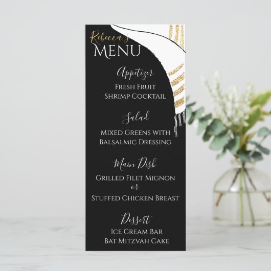 Bat oder Bar Mitzvah Black/Gold Food Menu Menükarte (Stehend Vorderseite)