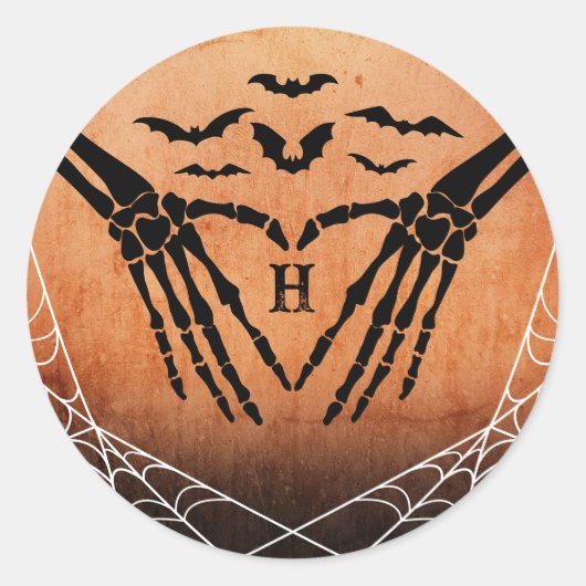 Bat Skeleton Heart Monogram Goth Halloween Wedding Runder Aufkleber (Vorderseite)
