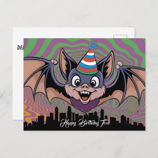 Bat über der psychedelischen Stadt Postkarte (Vorne/Hinten)