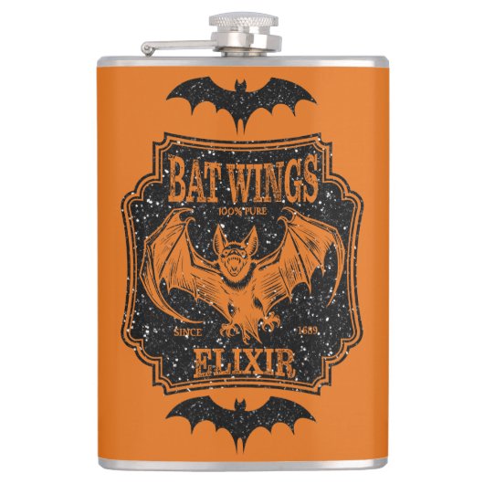 Bat Wings Elixir Orange und Schwarzer Glitzer Flachmann (Vorderseite)