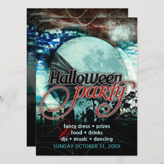 Bat Wings Moon Friedhof Halloween-Party Einladung (Vorne/Hinten)