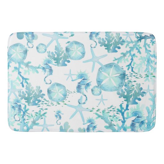 Bath Mat Aquamarin Blue Seepferd Sanddollar Seashe Badematte (Vorderseite)