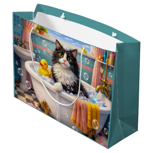 Bath Time , Cat  Große Geschenktüte (Rückseite Schrägansicht)