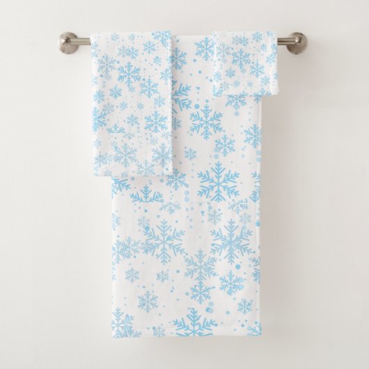 Bath Towels Blue Snowflakes Falling On White Badhandtuch Set (Insitu)