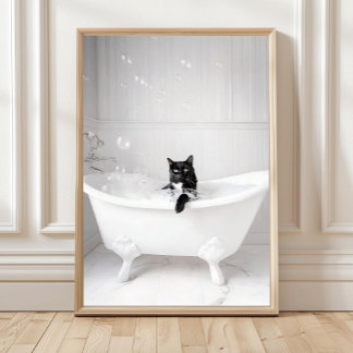 Bathroom Black Cat in Bathtub Print, Bathtub Wall  Poster