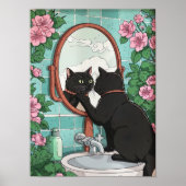 Bathroom Black Cat in Mirror Print, Funny Japanese Poster (Vorne)