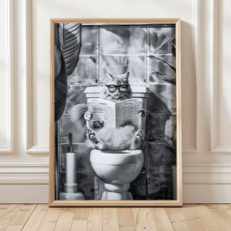 Bathroom Cat Print reading on toilet, Bathroom Wal Poster