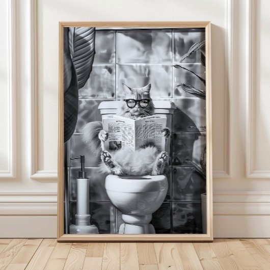 Bathroom Cat Print reading on toilet, Bathroom Wal Poster