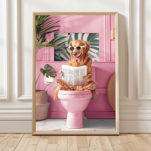 Bathroom Golden Retriever Reading on Toilet Print, Poster